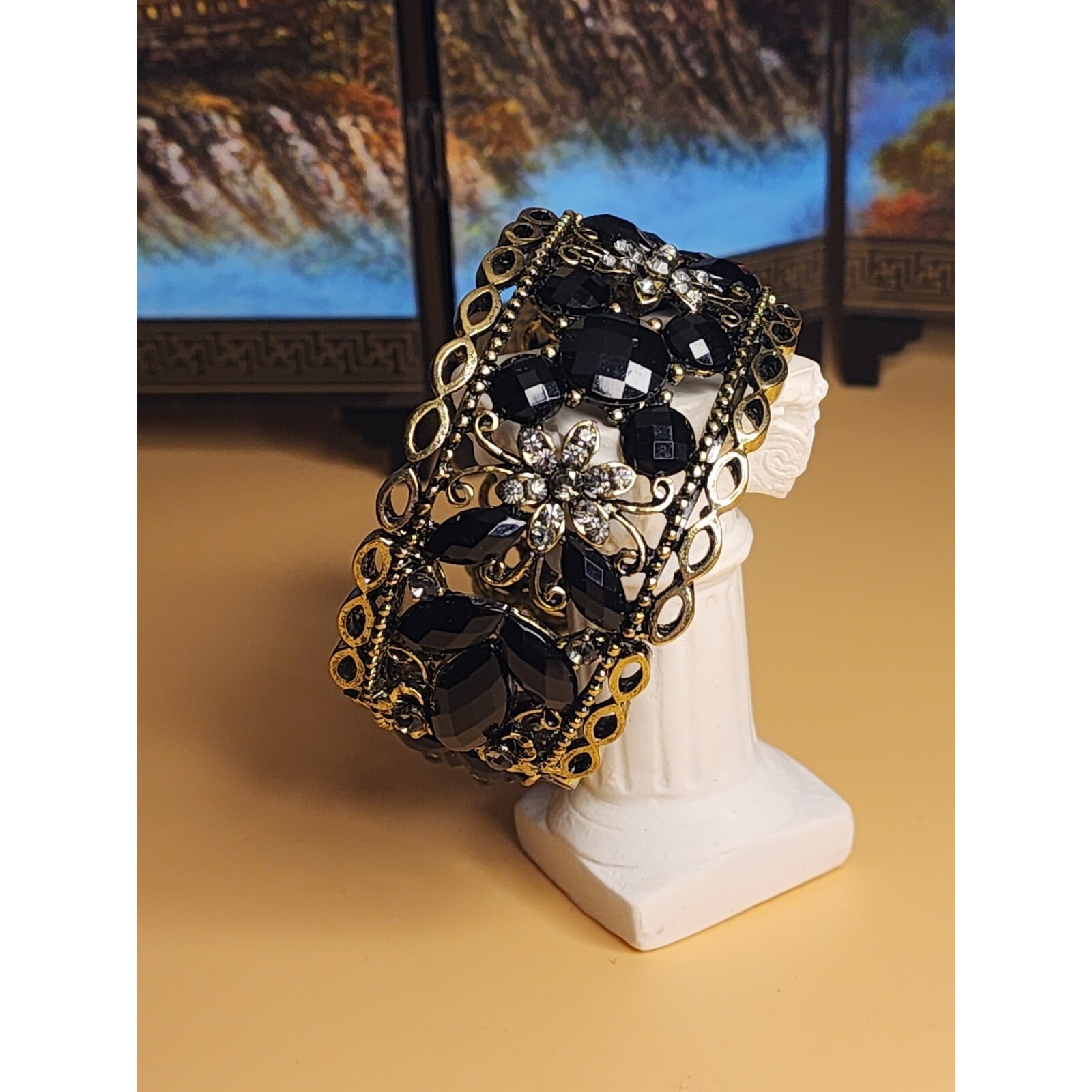 Vtg Rachel Villa Victorian Crystal Floral Flex Cuff Bracelet Bronze Free $Hip!!